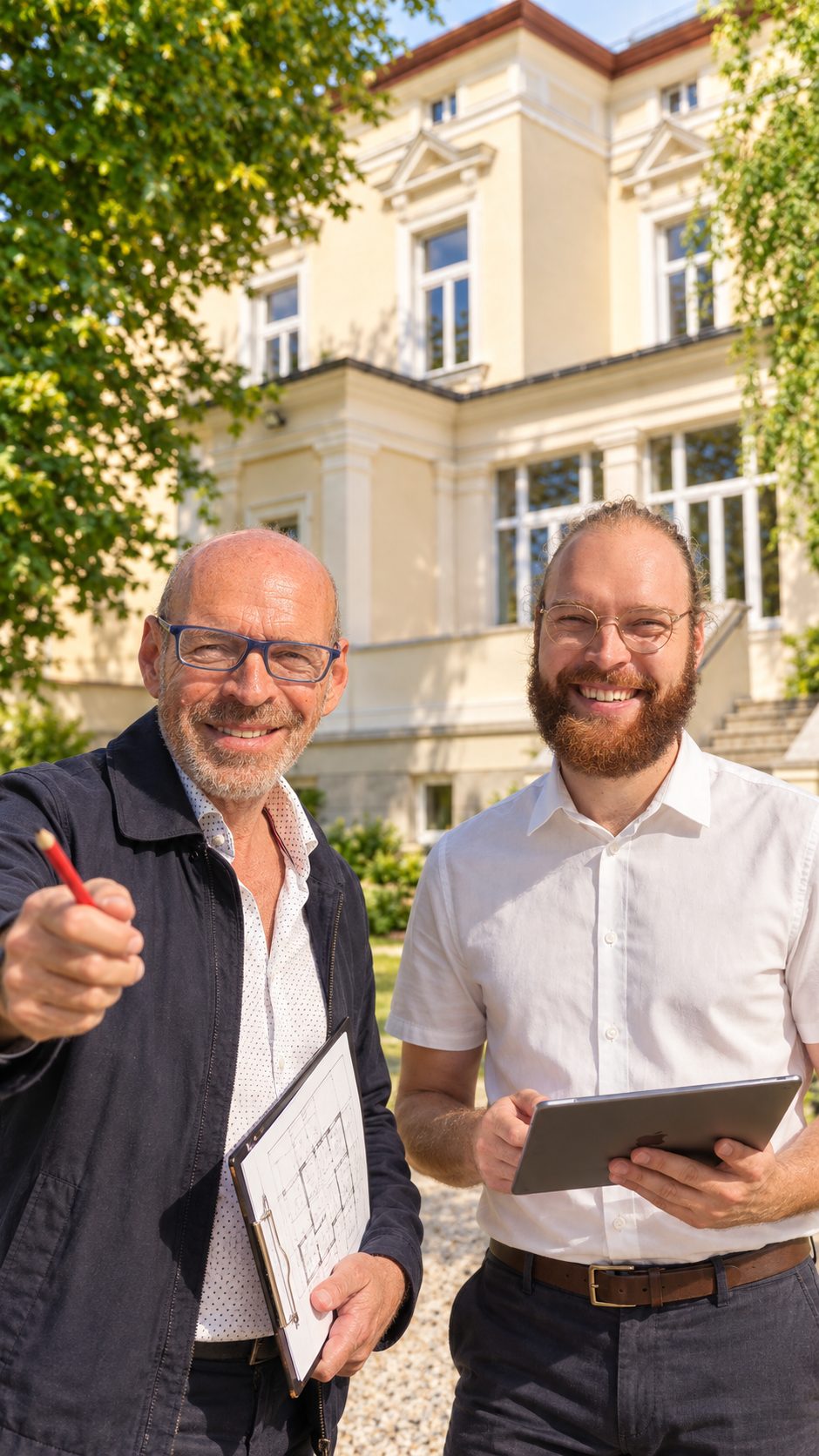 Wolfgang Kruse mit Stift und Plan und Hans-Marten Kruse mit Tablet vor der Villa