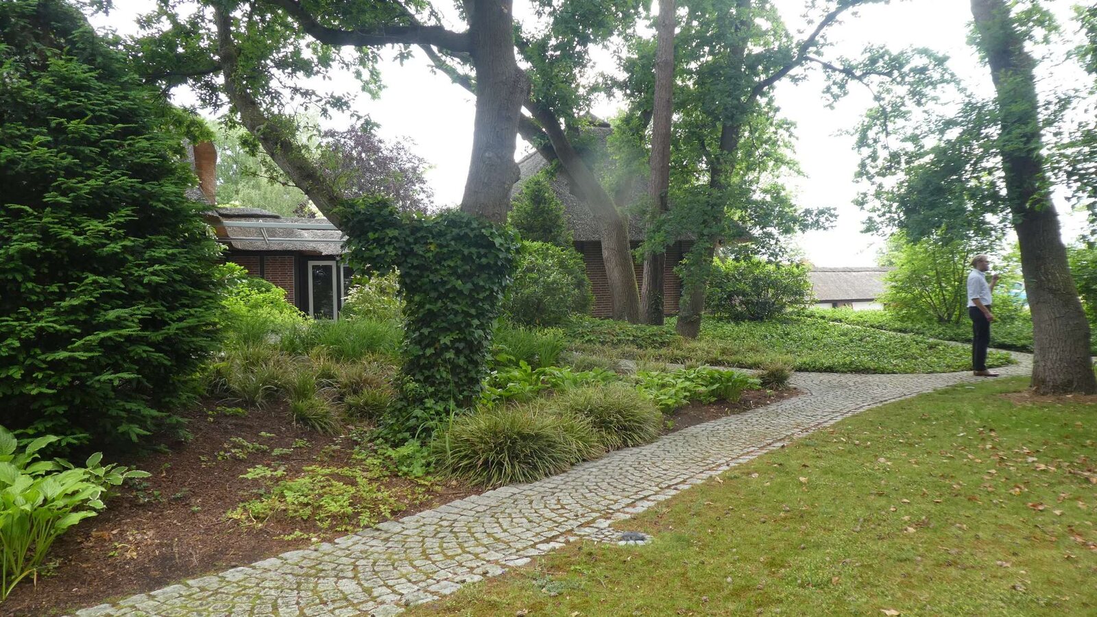 Gepflasterter Parkweg unter altem Baumbestand