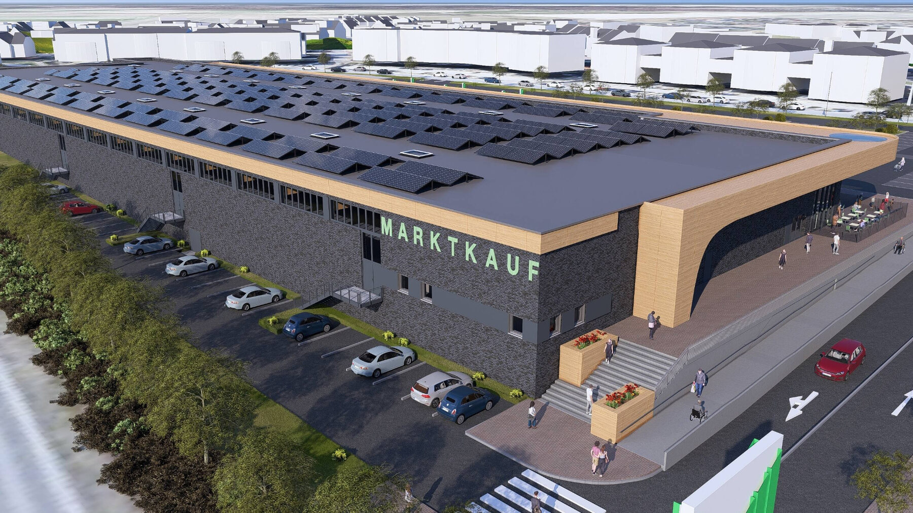 Architekturvisualisierung des neuen Marktkauf aus der Vogelperspektive mit Photovoltaik auf dem Dach