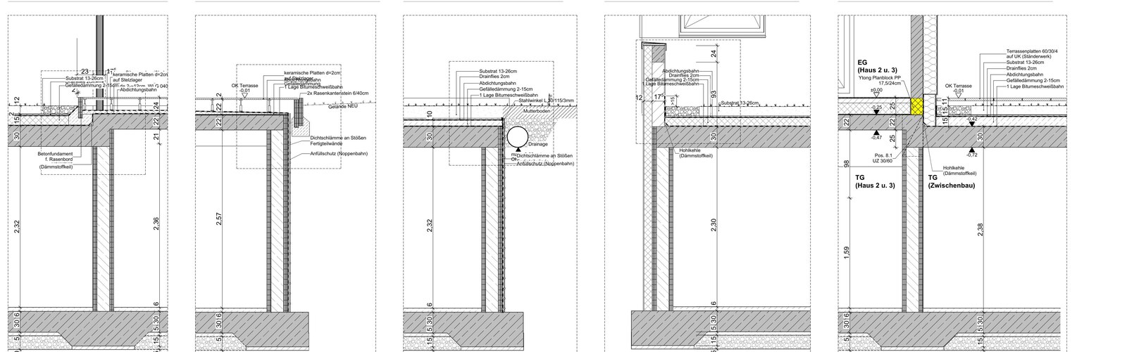 Fünf bemaßte Konstruktionsdetails im Maßstab 1:20 aus der Ausführungsplanung
