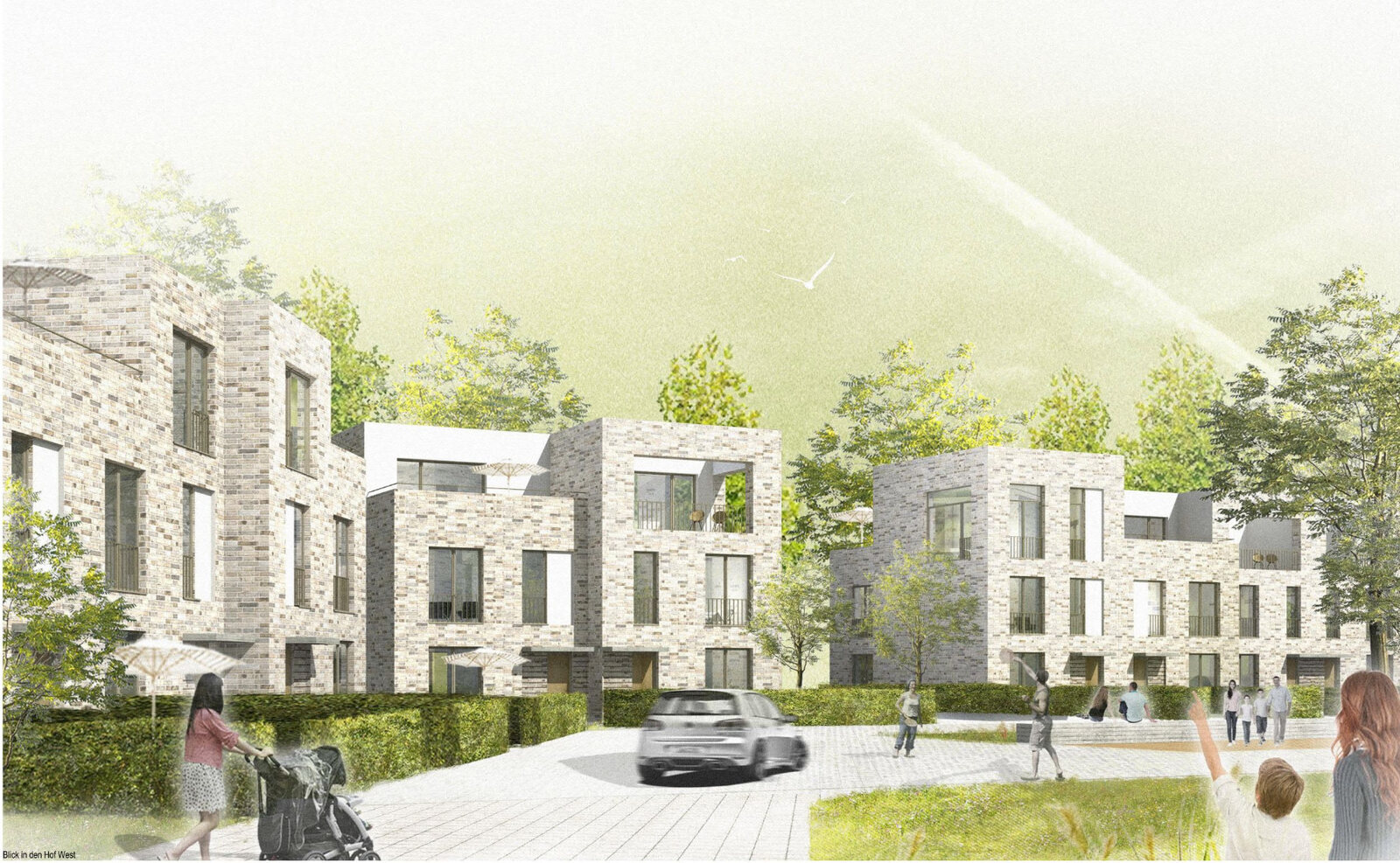 Architekturdarstellung des Blicks in den westlichen Hof der Green-Side in den Steimker Gärten