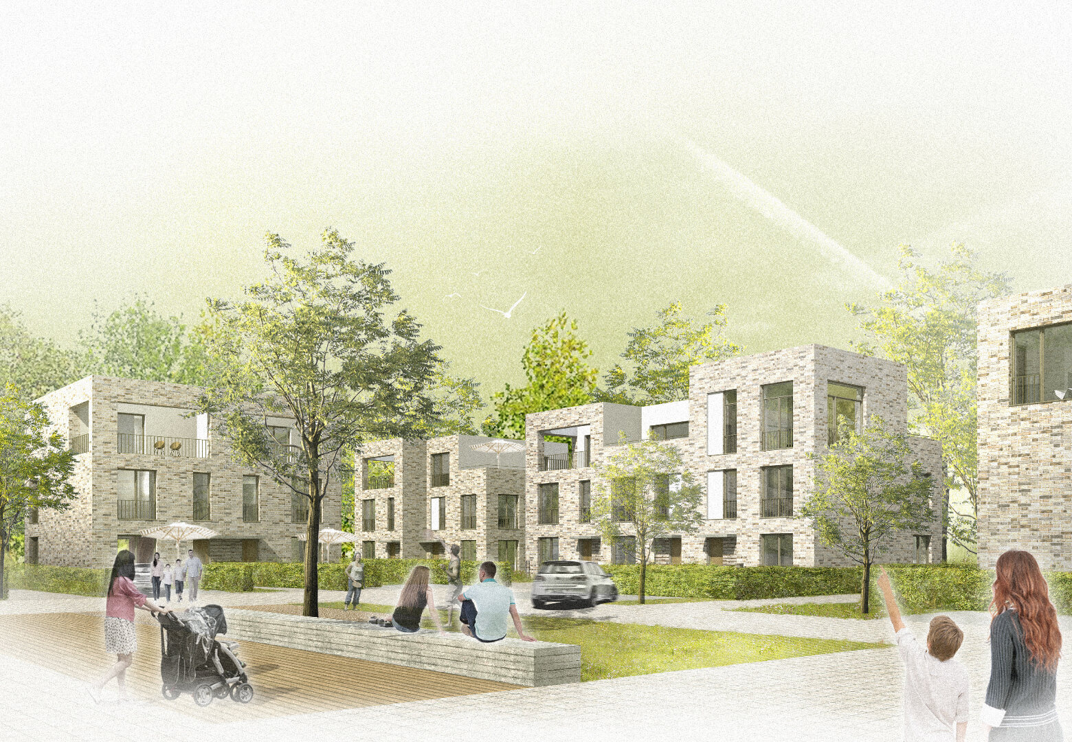 Architekturdarstellung der Häuserzeile mit versetzten Dachterrassen in den Steimker Gärten