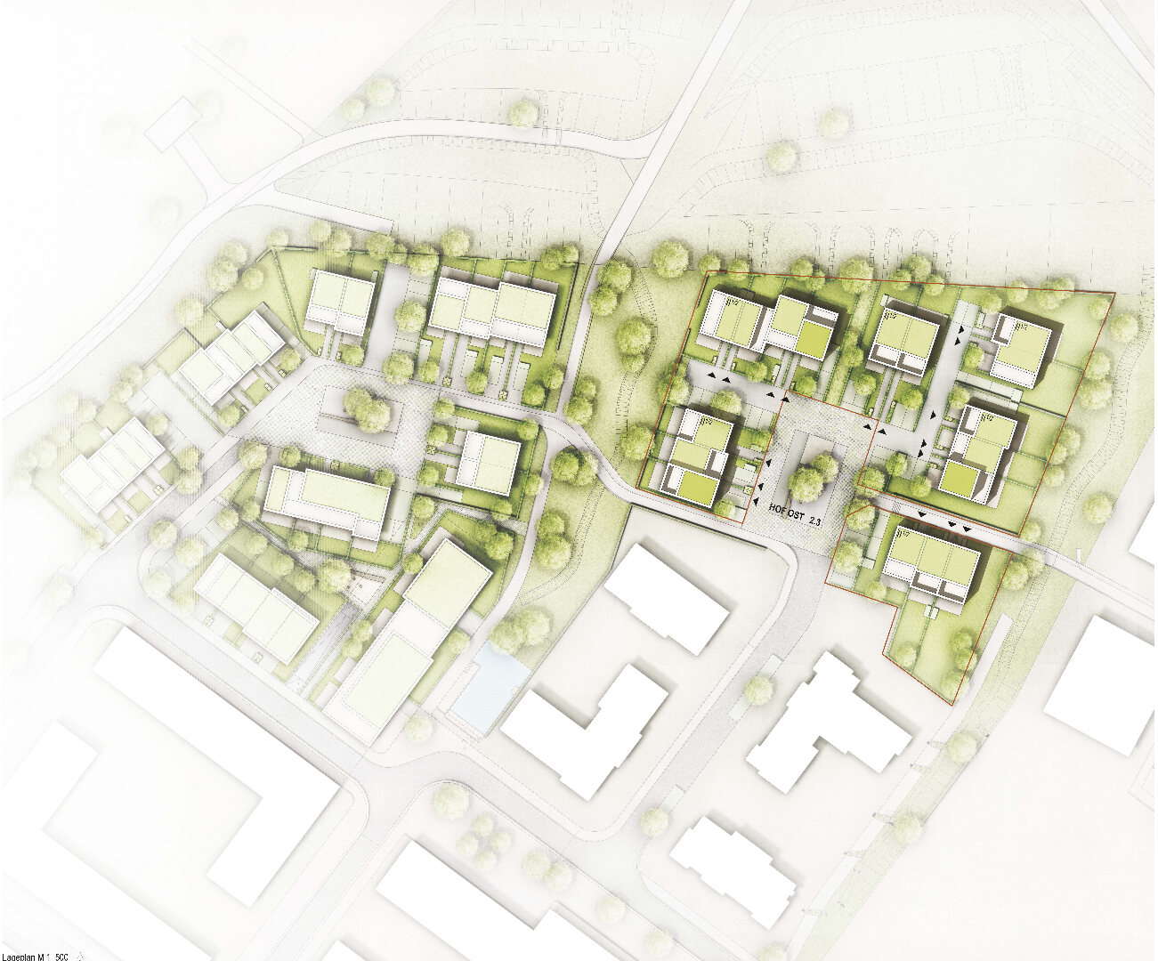 Architekturdarstellung der Green-Side mit Blick auf Eingangsseite und Vorgärten