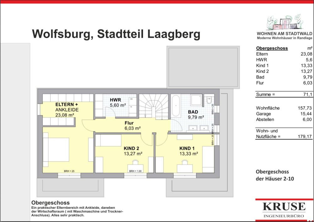 Grundriss Obergeschoss der Haeuser 2 bis 10 mit Flaechenaufstellung