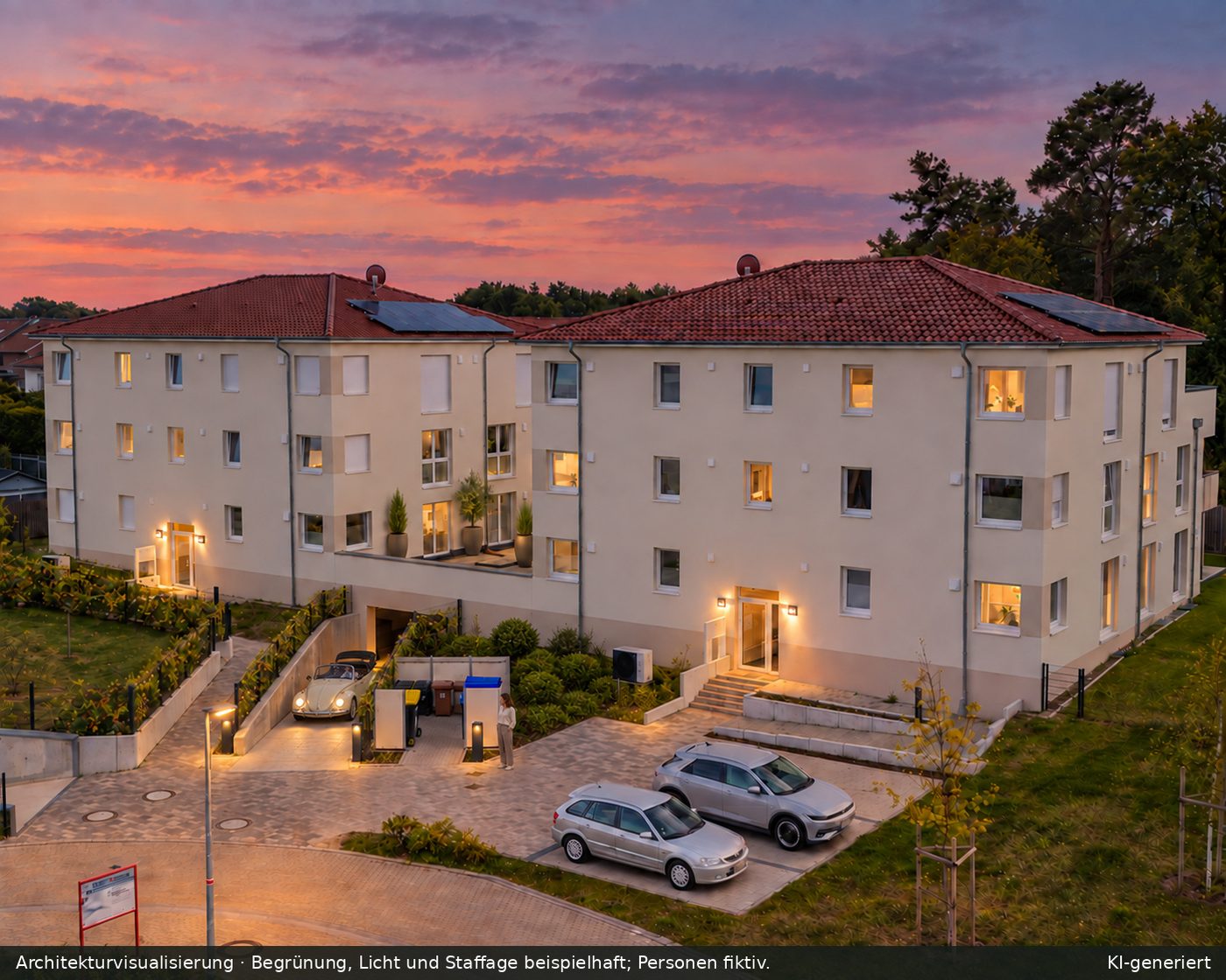 Mehrfamilienhaus als Visualisierung am Abend mit beleuchteten Fenstern