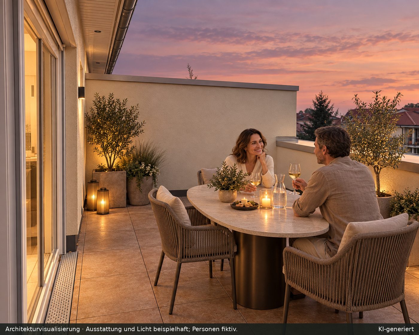 Dieselbe Dachterrasse als Visualisierung am Abend mit Esstisch und Paar
