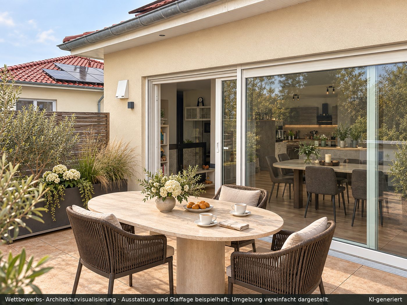 Dachterrasse als Visualisierung mit rundem Tisch und Bepflanzung