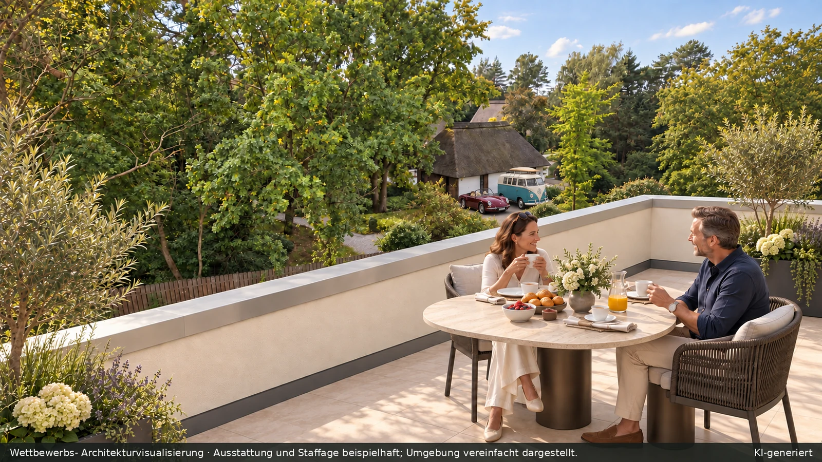 Architekturvisualisierung einer Dachterrasse mit Frühstücksszene und vereinfacht dargestellter Umgebung
